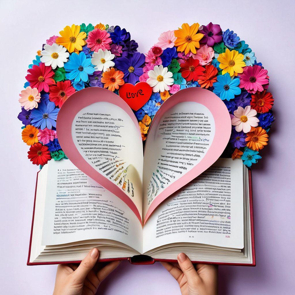 A heart-shaped book with colorful pages, each filled with different symbols of communication such as quotation marks, emojis, and speech bubbles. In the background, a pair of hands gently holding the book, symbolizing love and connection. Soft, romantic lighting creates an inviting atmosphere. The foreground features delicate flowers to enhance the theme of sentiment. super-realistic. vibrant colors. soft lighting.