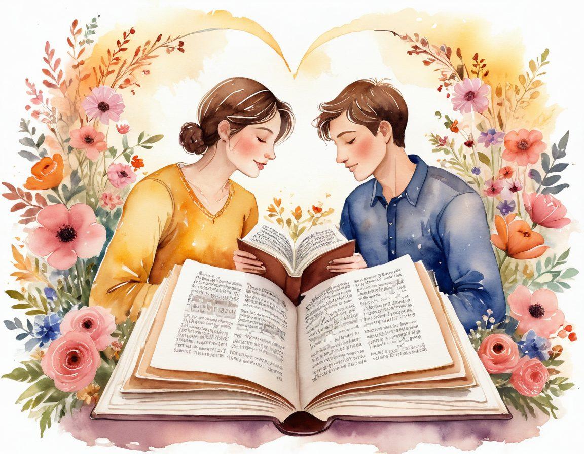A romantic scene depicting an open book filled with poetic lines and grammatical symbols, surrounded by blooming flowers and heart-shaped notes. In the background, a couple shares a tender moment, with warm sunlight illuminating their faces. Soft, whimsical colors blend to create an enchanting atmosphere, capturing the essence of love and language. watercolor illustration. warm tones. whimsical style.