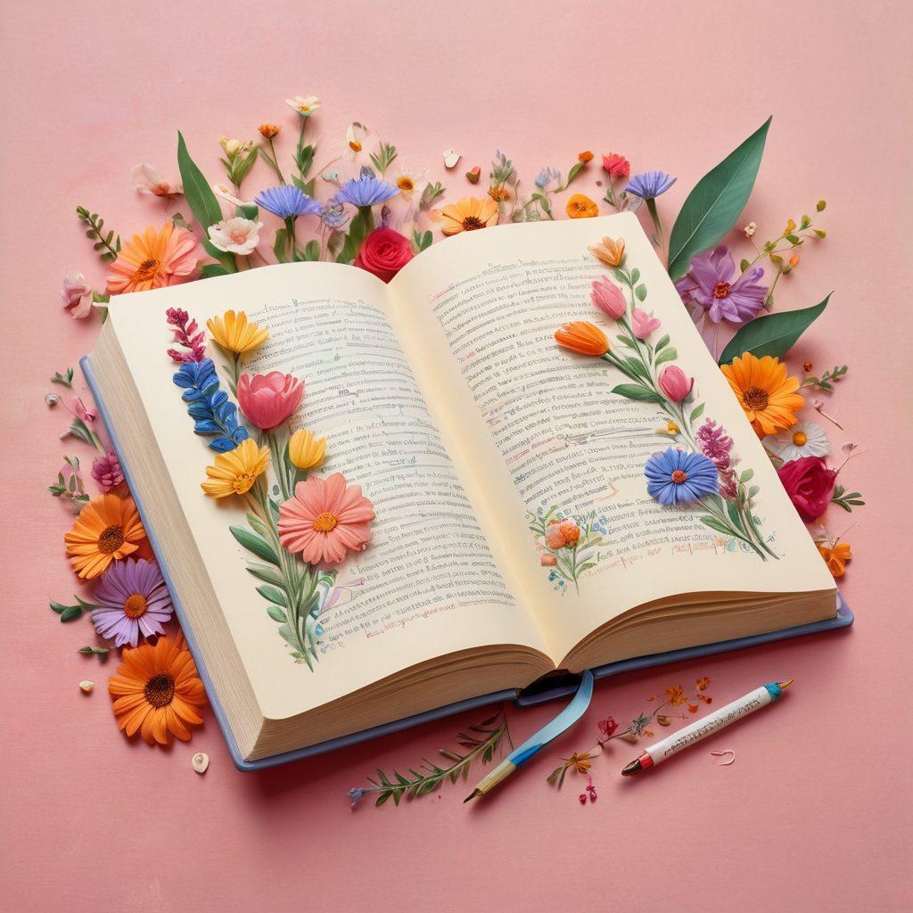 An open book filled with colorful, whimsical illustrations of grammar symbols such as commas, exclamation points, and hearts, intertwined among delicate flowers symbolizing love. The background features a soft pastel gradient that invokes warmth and creativity. A gentle hand is writing with a quill, showcasing the act of creating heartfelt expressions through language. romantic atmosphere. vibrant colors. painting.